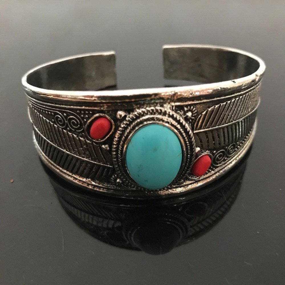 Turquoise Silver Cuff Bracelet Southwestern Coral Mens Mans Western Coral Red - Picture 3 of 8
